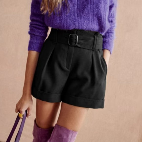 Sezane Pants - Sezane Rome High Rise Belted Black Cuffed Pleated Shorts NEW Size 34